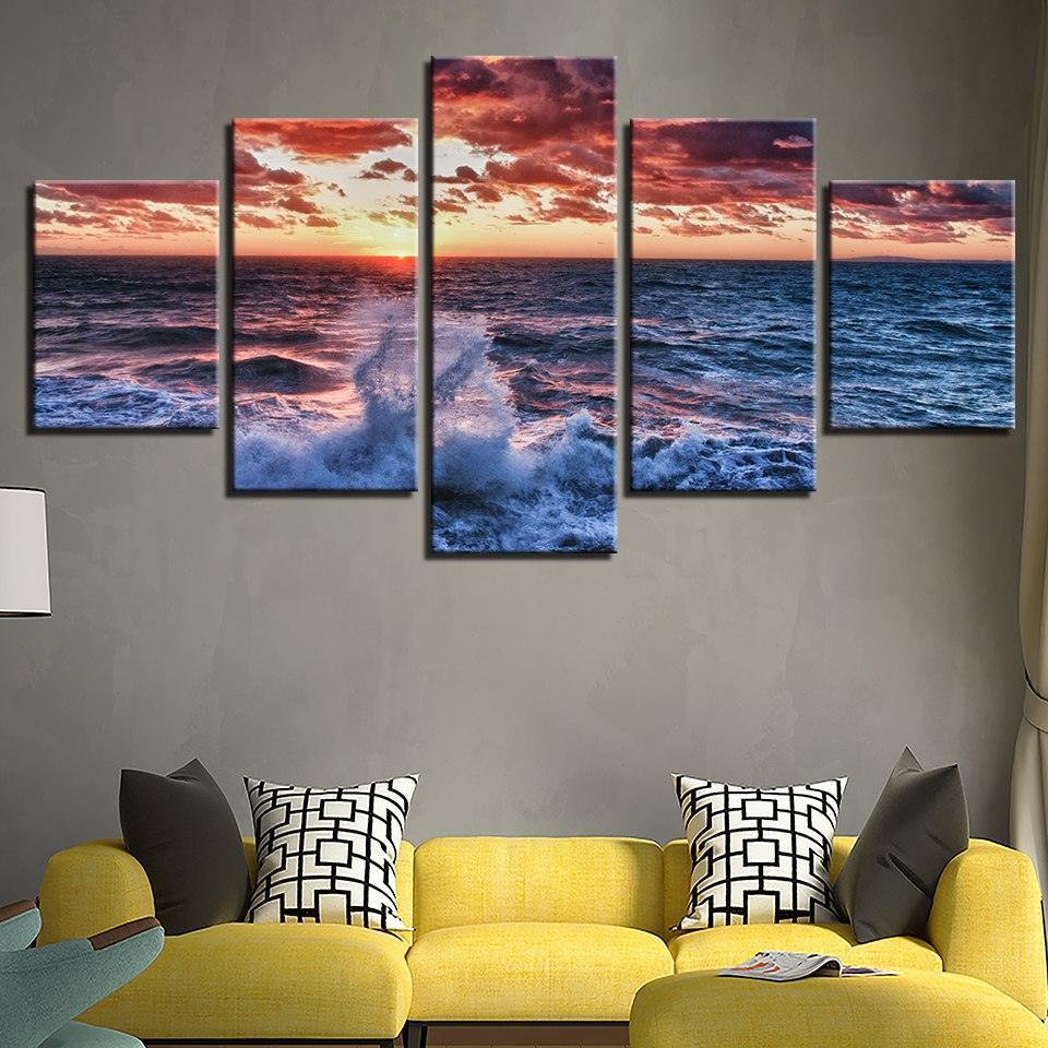 Ocean Waves 5 Piece Multi Panel Canvas Wall Art Frame-Original Frame