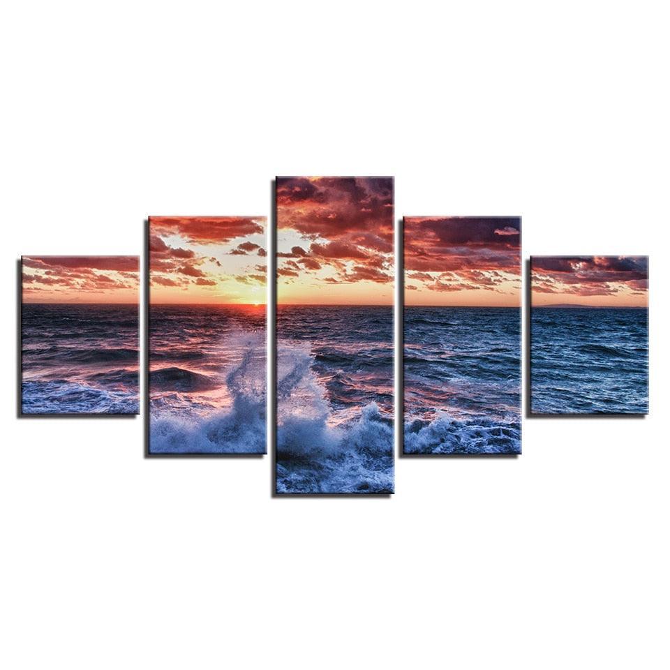 Ocean Waves 5 Piece Multi Panel Canvas Wall Art Frame-Original Frame