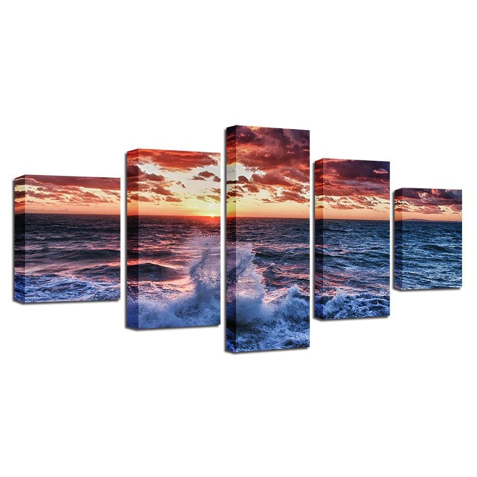 Ocean Waves 5 Piece Multi Panel Canvas Wall Art Frame-Original Frame