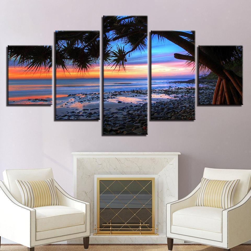 Sunset Beach 5 Piece HD Multi Panel Canvas Wall Art Frame-Original Frame