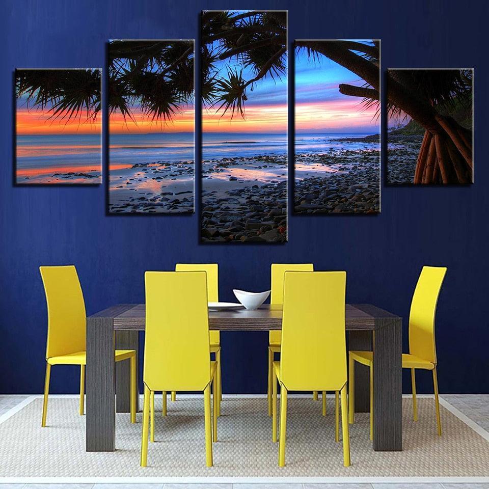 Sunset Beach 5 Piece HD Multi Panel Canvas Wall Art Frame-Original Frame