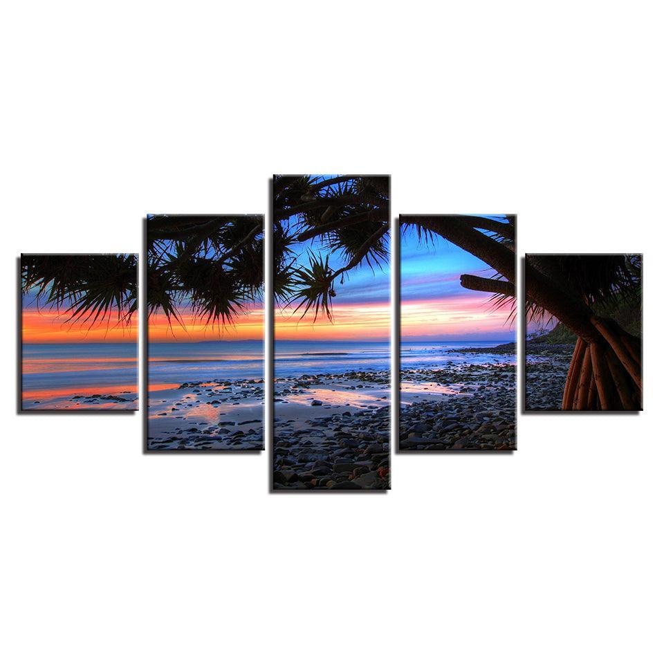 Sunset Beach 5 Piece HD Multi Panel Canvas Wall Art Frame-Original Frame