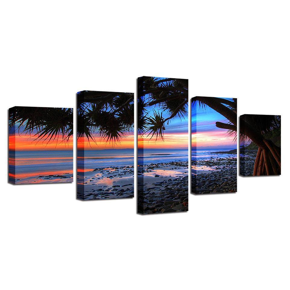 Sunset Beach 5 Piece HD Multi Panel Canvas Wall Art Frame-Original Frame