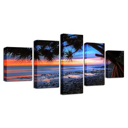 Sunset Beach 5 Piece HD Multi Panel Canvas Wall Art Frame-Original Frame