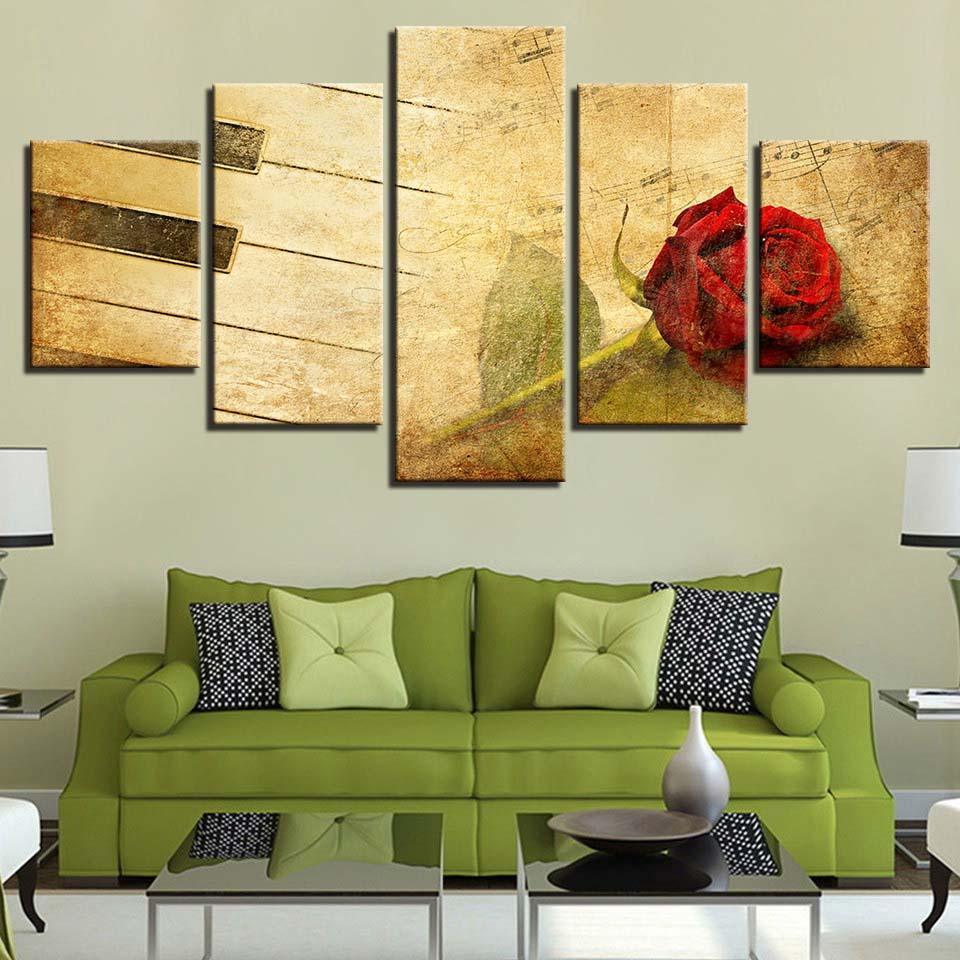 Red Rose & Piano 5 Piece HD Multi Panel Canvas Wall Art Frame-Original Frame