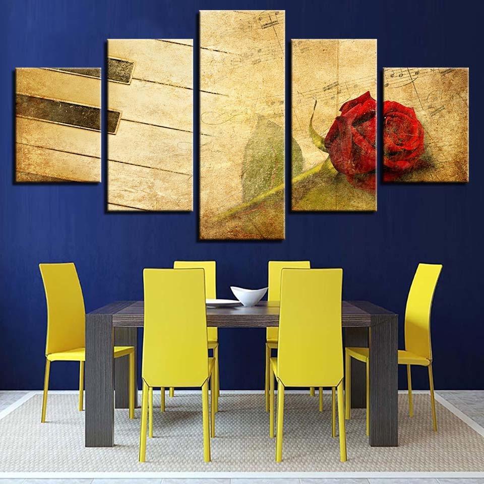 Red Rose & Piano 5 Piece HD Multi Panel Canvas Wall Art Frame-Original Frame