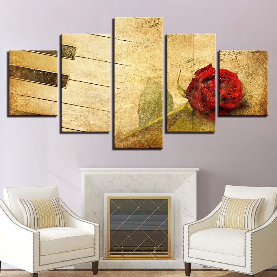 Red Rose & Piano 5 Piece HD Multi Panel Canvas Wall Art Frame-Original Frame