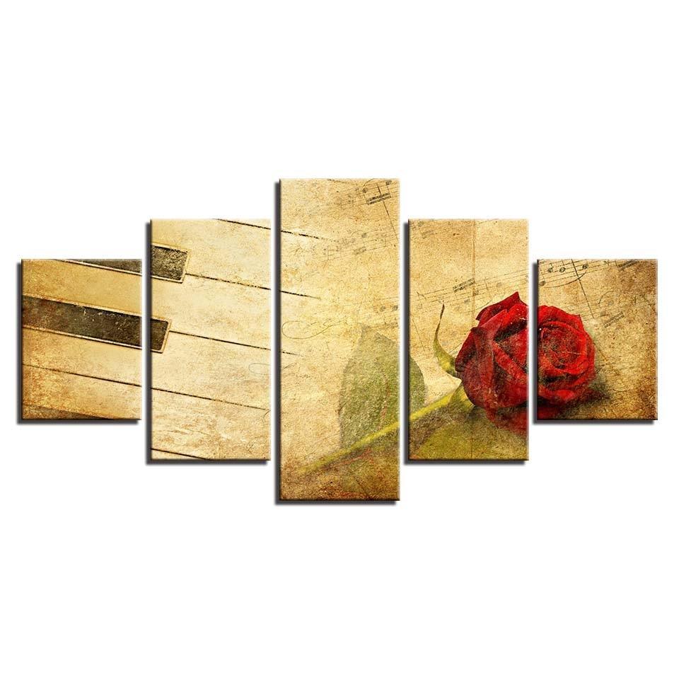 Red Rose & Piano 5 Piece HD Multi Panel Canvas Wall Art Frame-Original Frame