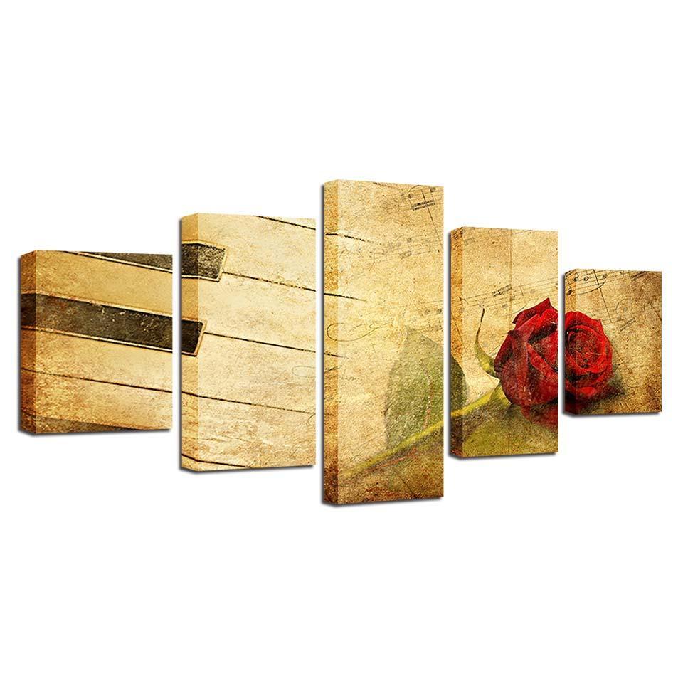 Red Rose & Piano 5 Piece HD Multi Panel Canvas Wall Art Frame-Original Frame