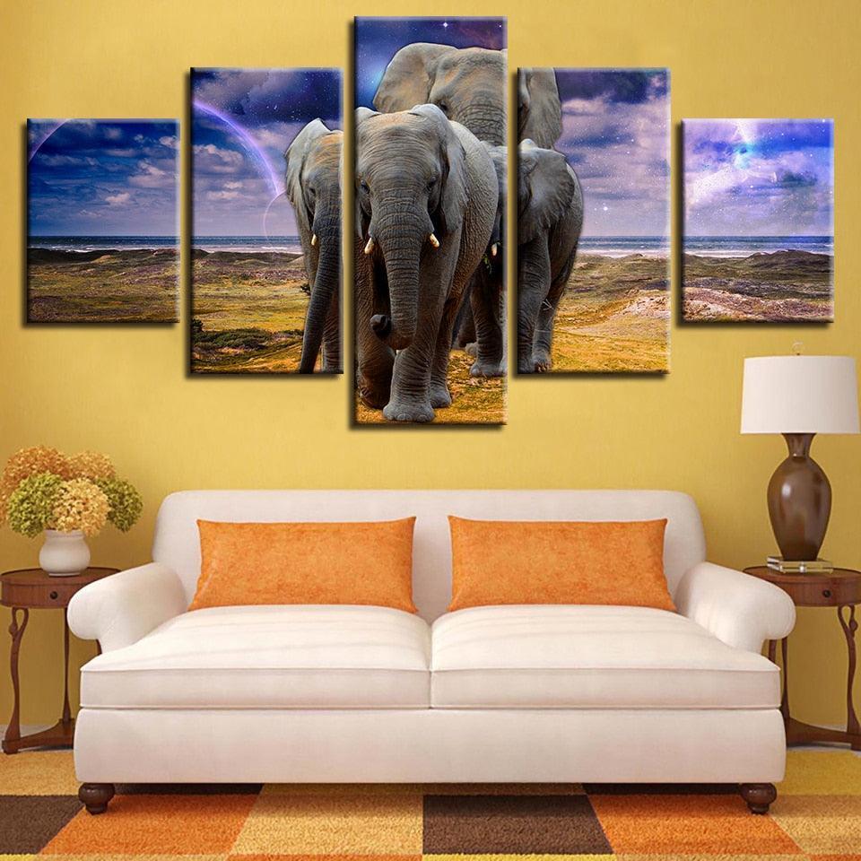 Elephant Family 5 Piece HD Multi Panel Canvas Wall Art Frame-Original Frame