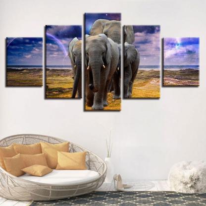 Elephant Family 5 Piece HD Multi Panel Canvas Wall Art Frame-Original Frame