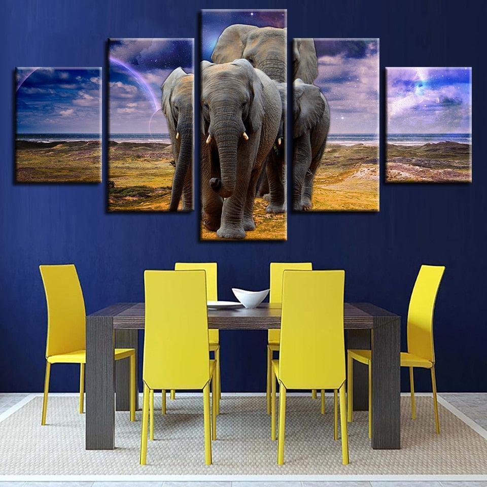 Elephant Family 5 Piece HD Multi Panel Canvas Wall Art Frame-Original Frame