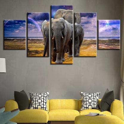 Elephant Family 5 Piece HD Multi Panel Canvas Wall Art Frame-Original Frame