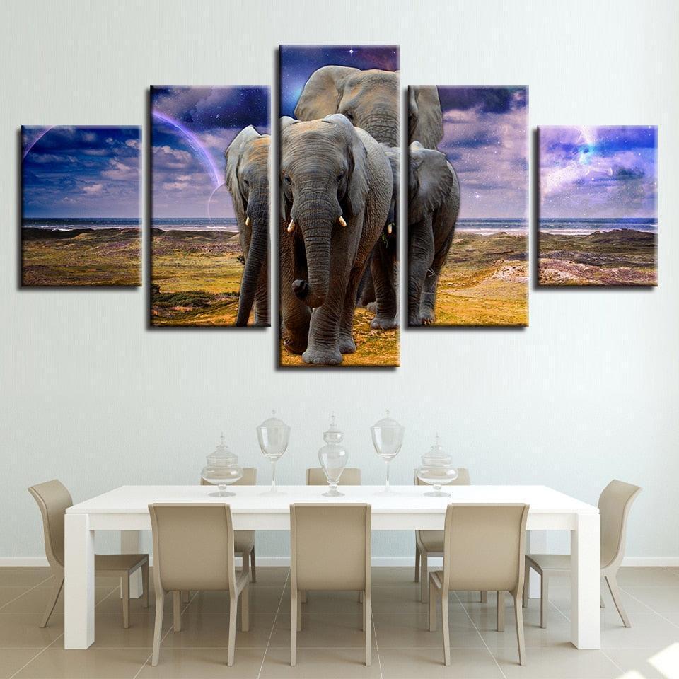 Elephant Family 5 Piece HD Multi Panel Canvas Wall Art Frame-Original Frame