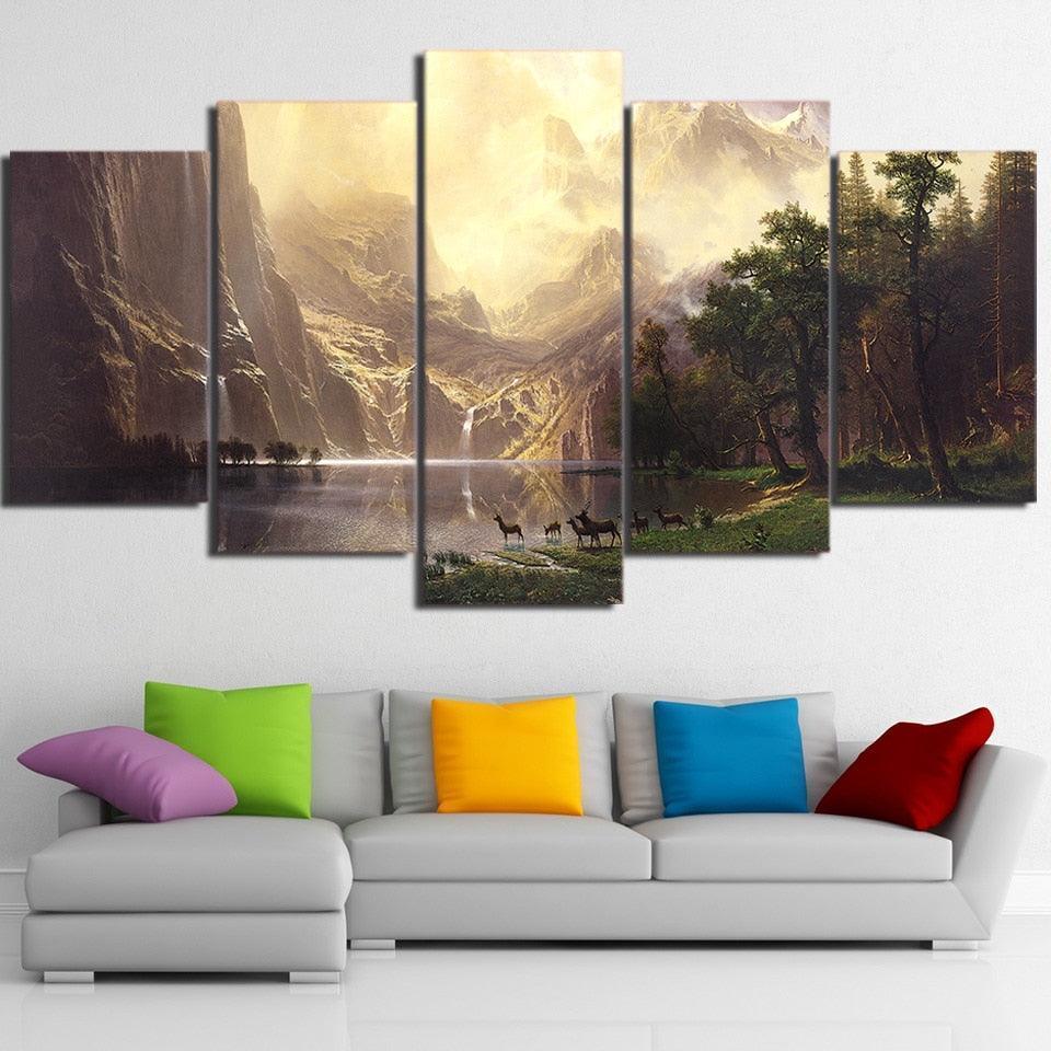Animal Deers 5 Piece HD Multi Panel Canvas Wall Art Frame-Original Frame