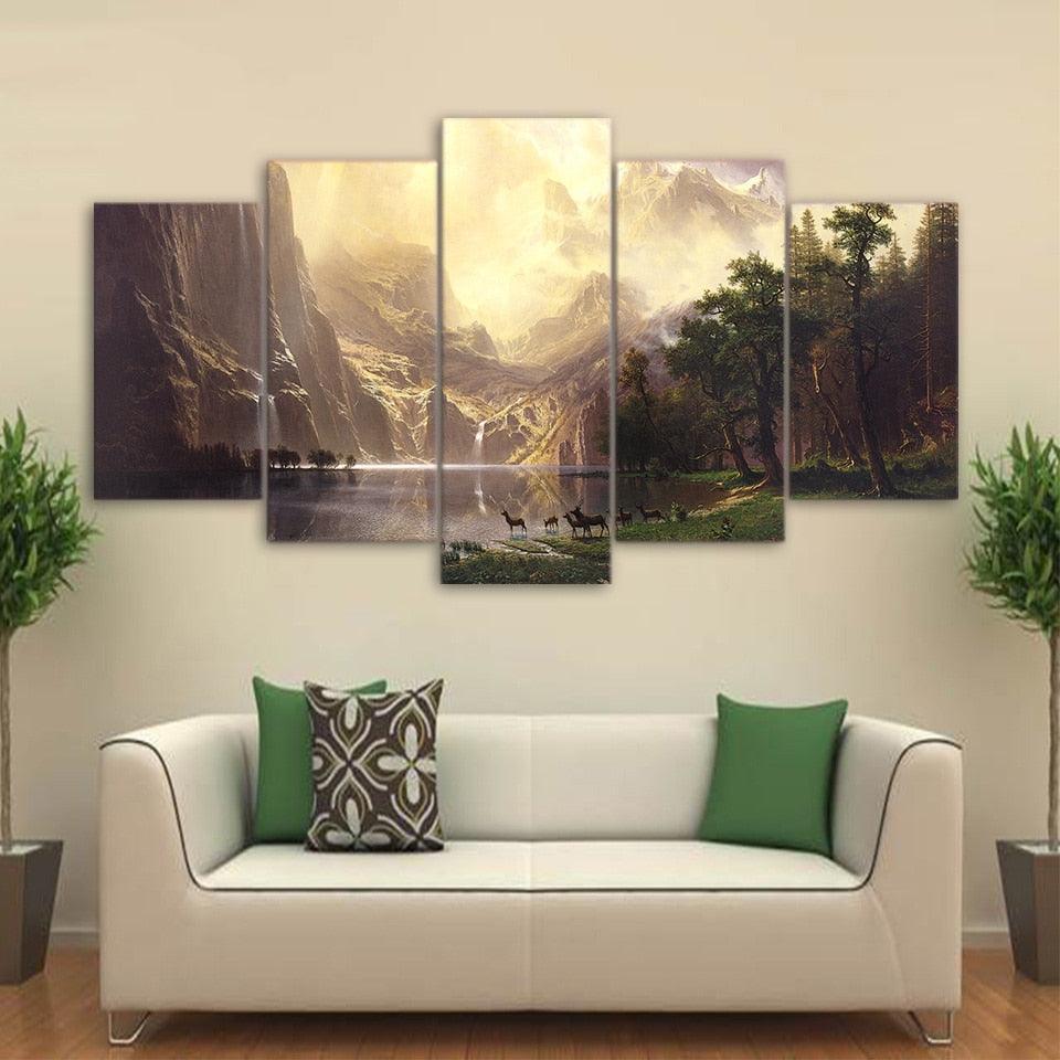 Animal Deers 5 Piece HD Multi Panel Canvas Wall Art Frame-Original Frame