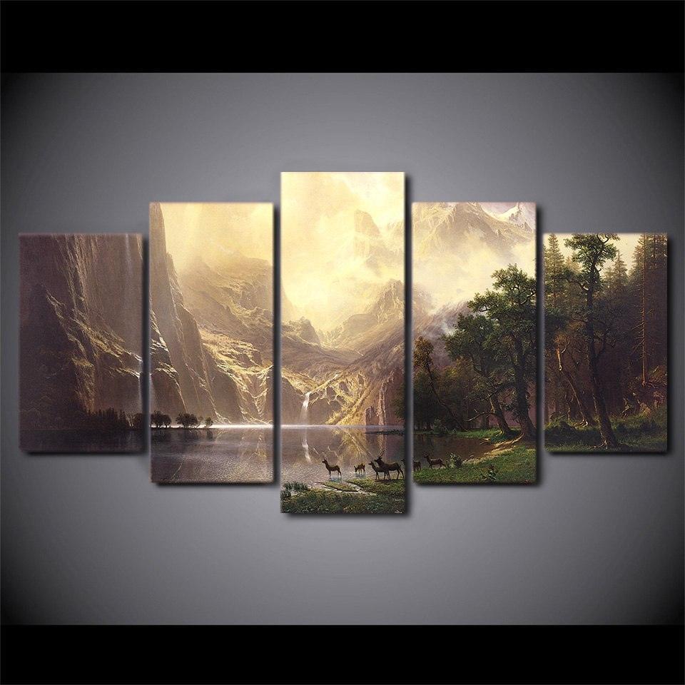 Animal Deers 5 Piece HD Multi Panel Canvas Wall Art Frame-Original Frame