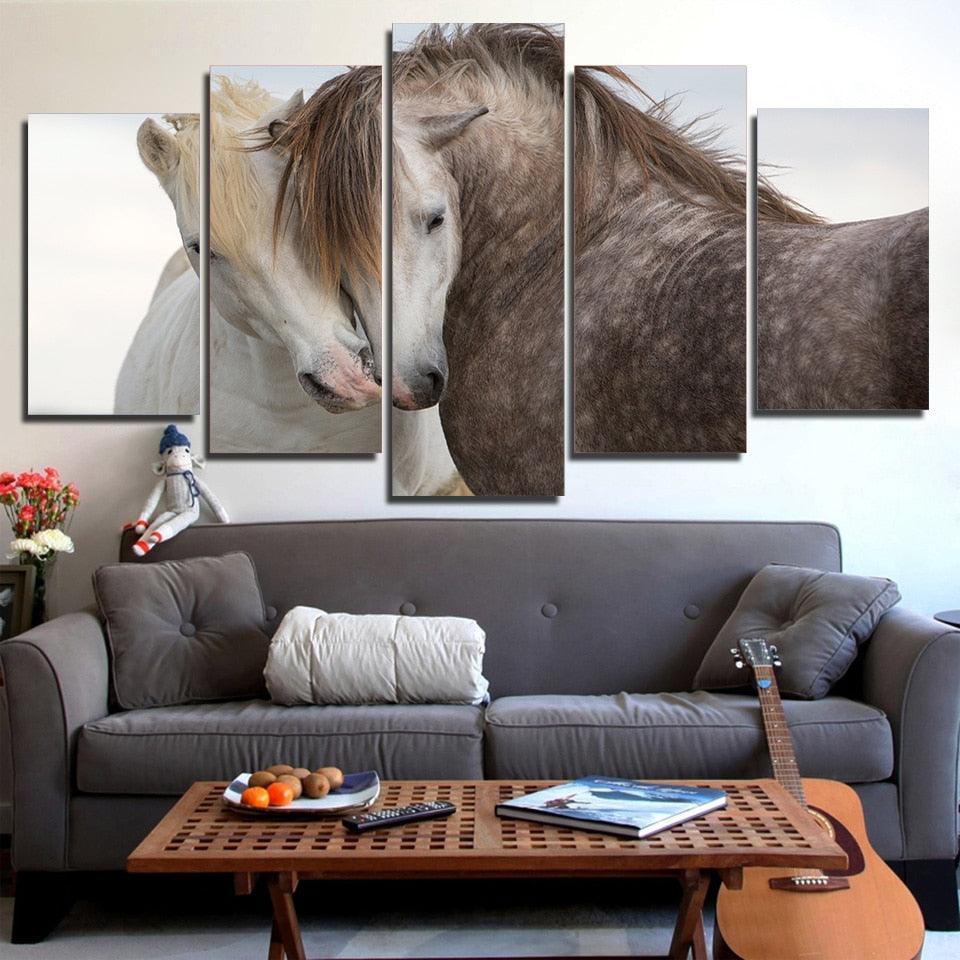 White And Black Horses Couple 5 Piece HD Multi Panel Canvas Wall Art Frame-Original Frame