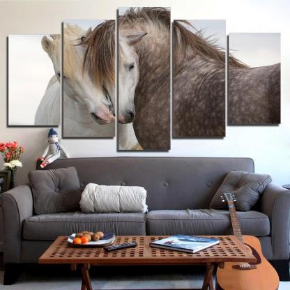 White And Black Horses Couple 5 Piece HD Multi Panel Canvas Wall Art Frame-Original Frame