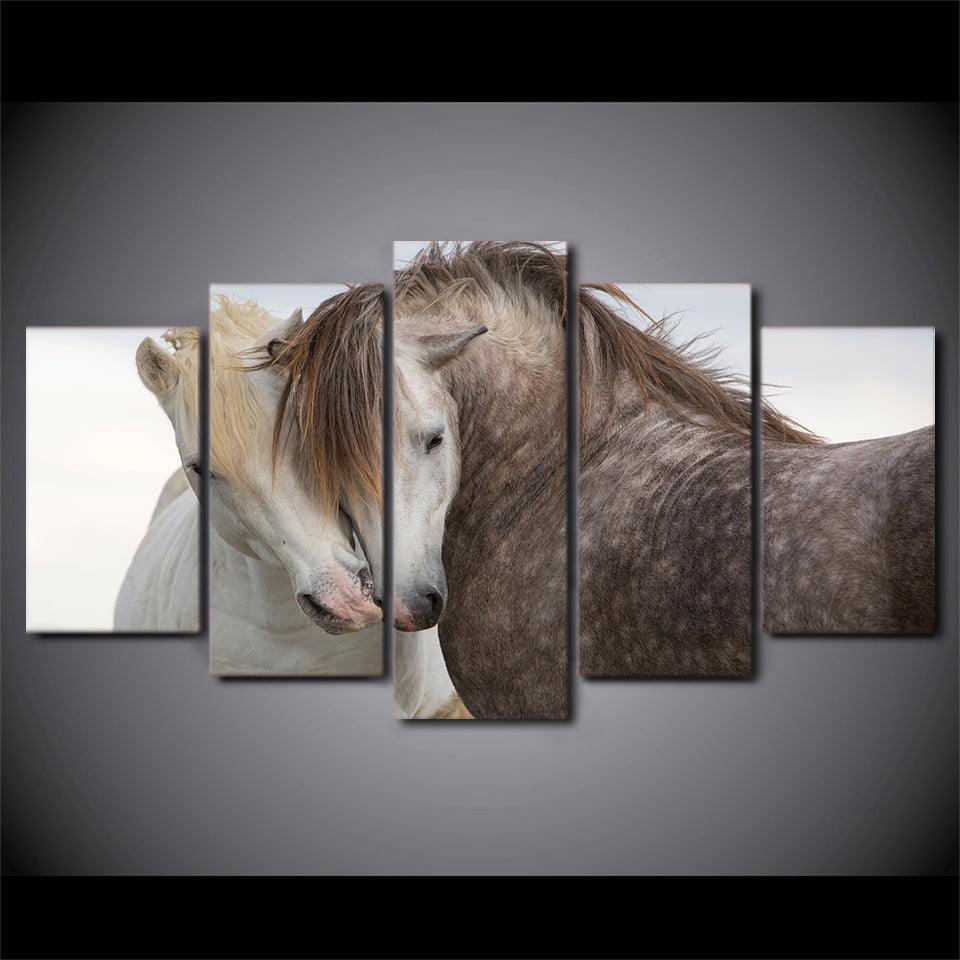 White And Black Horses Couple 5 Piece HD Multi Panel Canvas Wall Art Frame-Original Frame