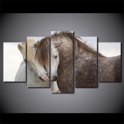 White And Black Horses Couple 5 Piece HD Multi Panel Canvas Wall Art Frame-Original Frame