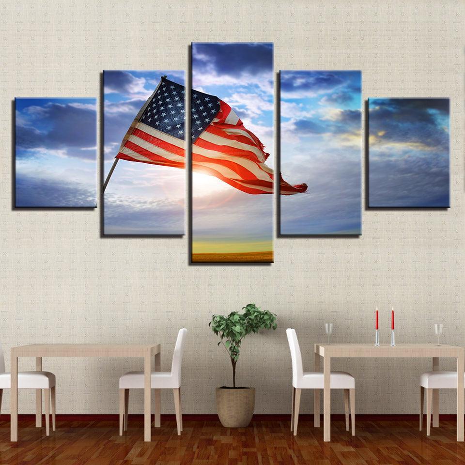 American Flag Flying Under The Blue Sky 5 Piece HD Multi Panel Canvas Wall Art Frame-Original Frame