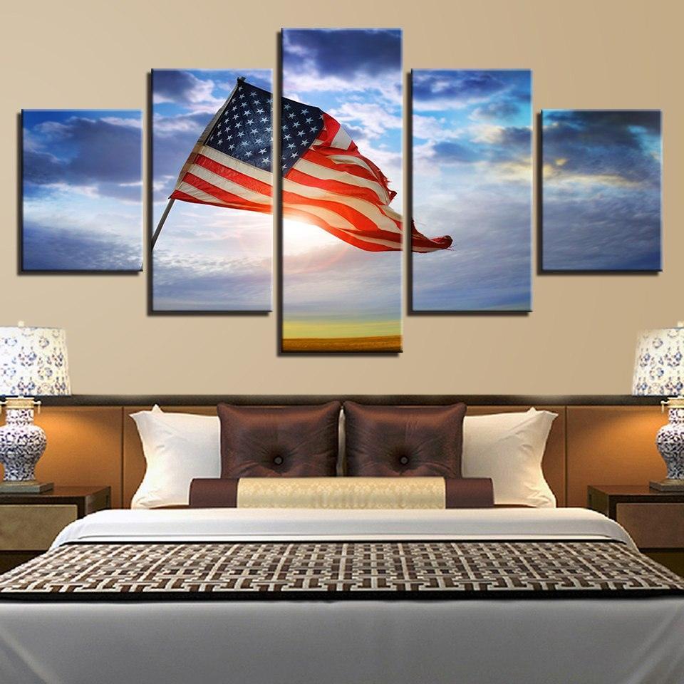 American Flag Flying Under The Blue Sky 5 Piece HD Multi Panel Canvas Wall Art Frame-Original Frame