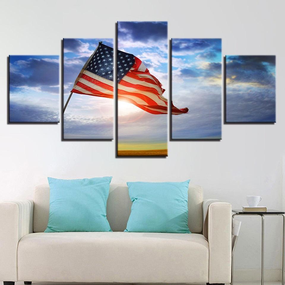 American Flag Flying Under The Blue Sky 5 Piece HD Multi Panel Canvas Wall Art Frame-Original Frame