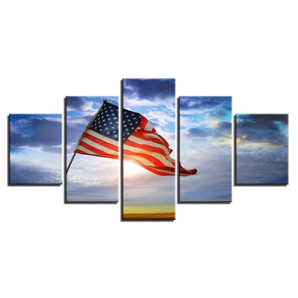 American Flag Flying Under The Blue Sky 5 Piece HD Multi Panel Canvas Wall Art Frame-Original Frame