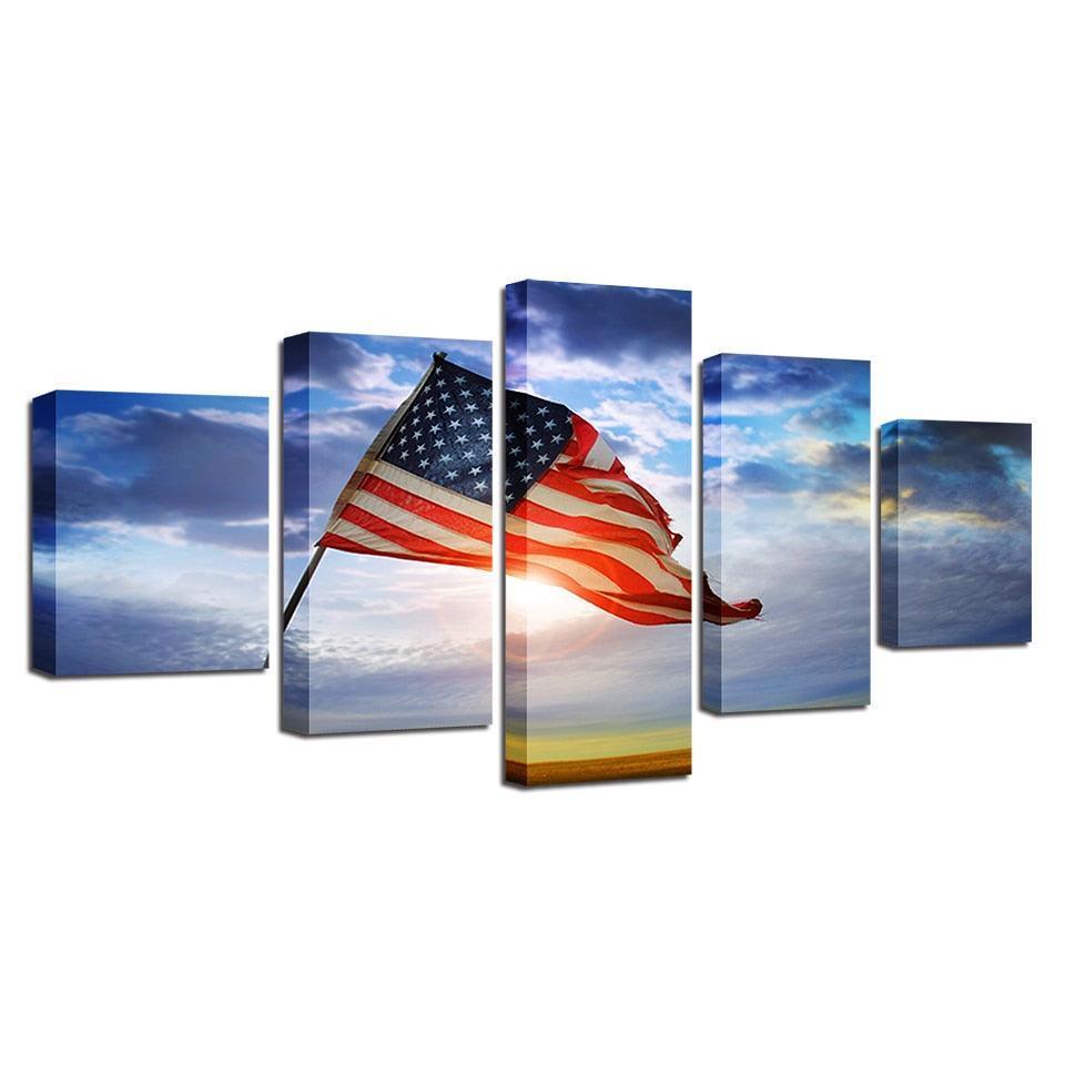 American Flag Flying Under The Blue Sky 5 Piece HD Multi Panel Canvas Wall Art Frame-Original Frame