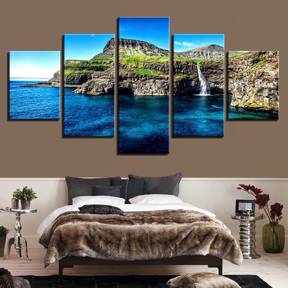 Alpine Waterfall Island 5 Piece HD Multi Panel Canvas Wall Art Frame-Original Frame