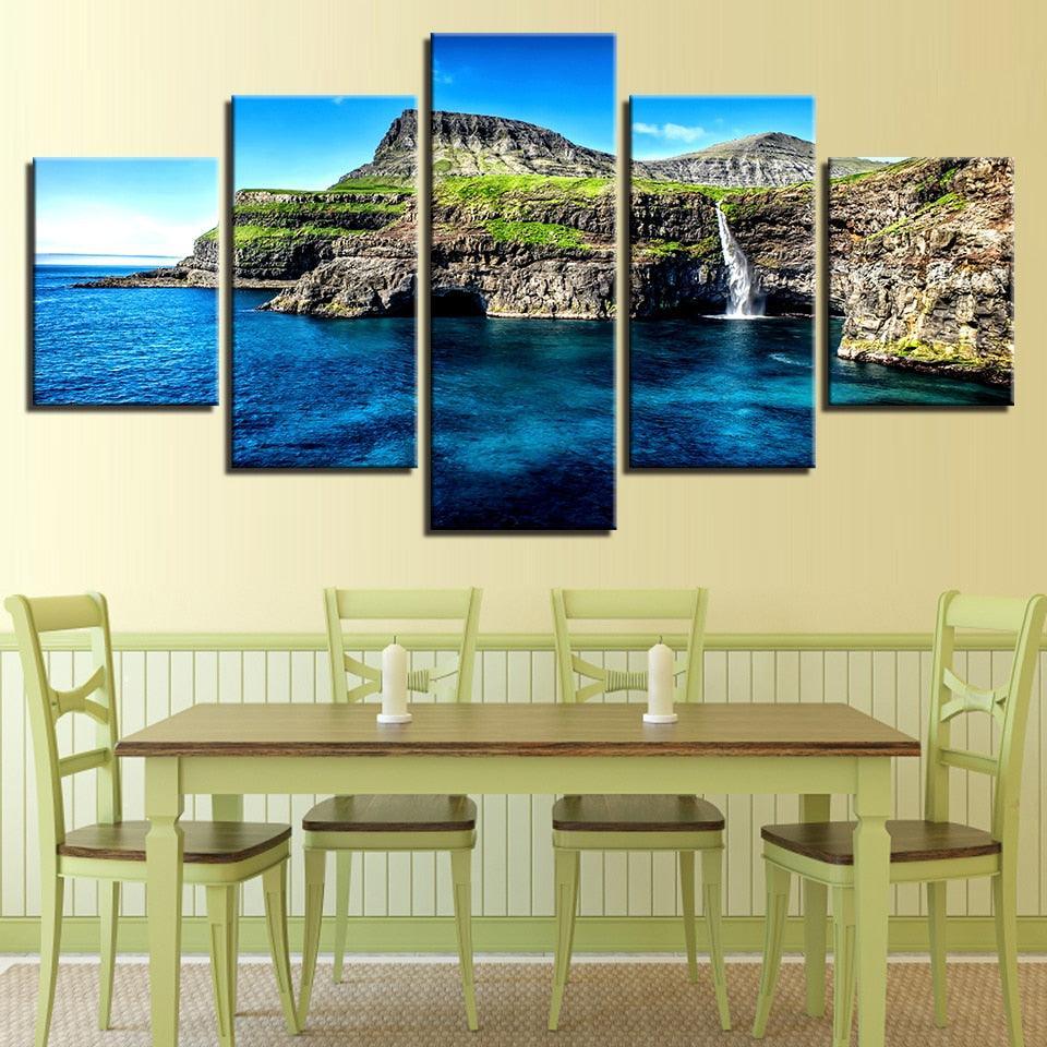 Alpine Waterfall Island 5 Piece HD Multi Panel Canvas Wall Art Frame-Original Frame
