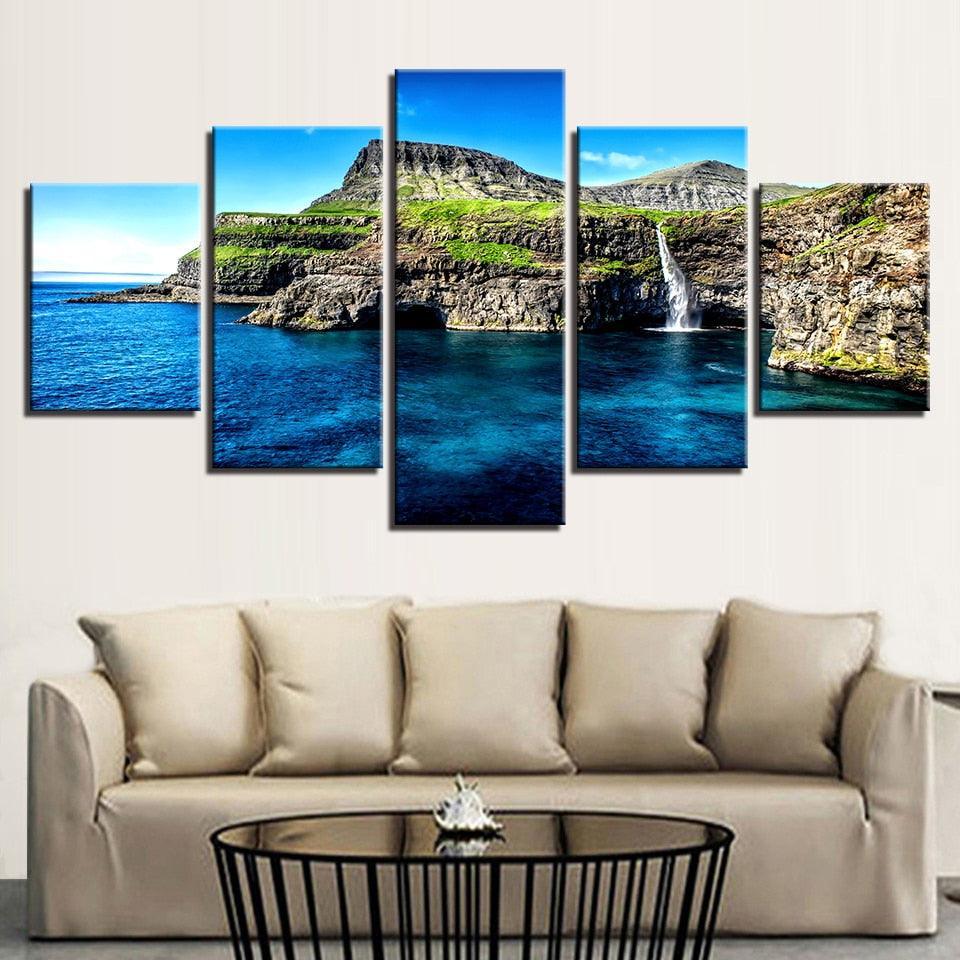 Alpine Waterfall Island 5 Piece HD Multi Panel Canvas Wall Art Frame-Original Frame