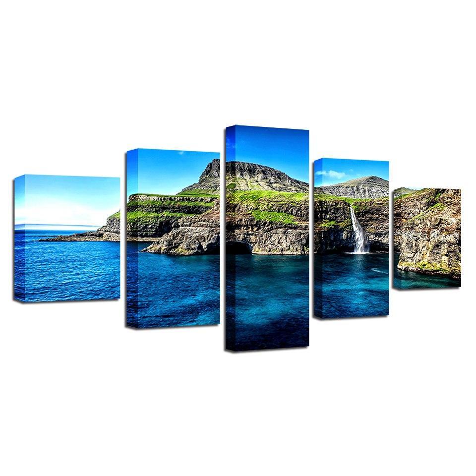 Alpine Waterfall Island 5 Piece HD Multi Panel Canvas Wall Art Frame-Original Frame