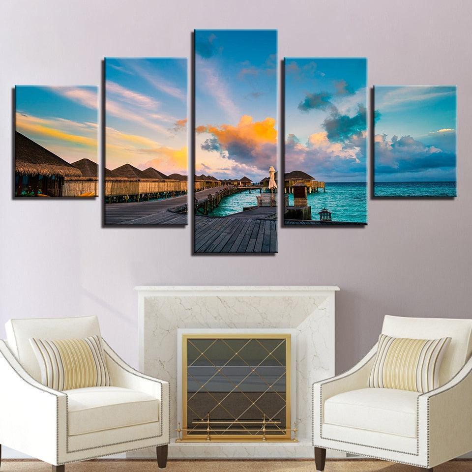 Blue Sky Bridge 5 Piece HD Multi Panel Canvas Wall Art Frame-Original Frame