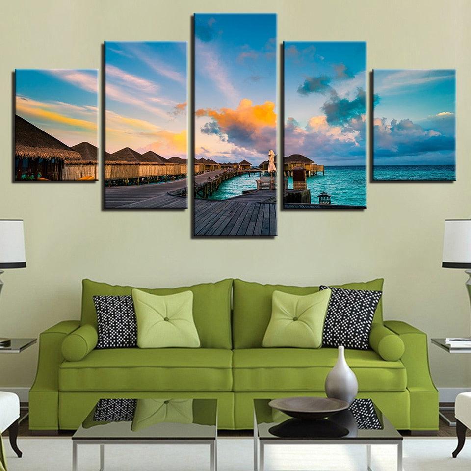 Blue Sky Bridge 5 Piece HD Multi Panel Canvas Wall Art Frame-Original Frame