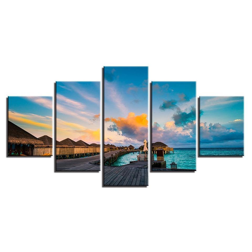 Blue Sky Bridge 5 Piece HD Multi Panel Canvas Wall Art Frame-Original Frame