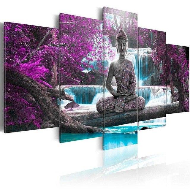 Buddha Waterfall 5 Piece HD Multi Panel Canvas Wall Art Frame-Original Frame