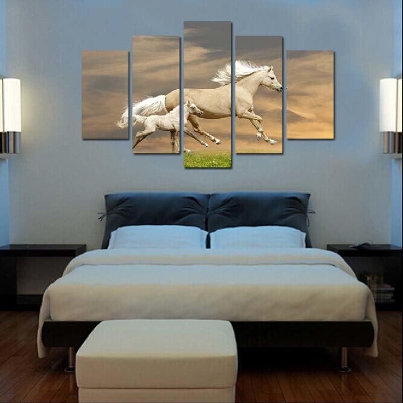 Galloping Horses 5 Piece HD Multi Panel Canvas Wall Art Frame-Original Frame