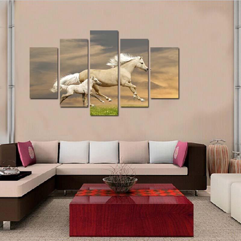 Galloping Horses 5 Piece HD Multi Panel Canvas Wall Art Frame-Original Frame