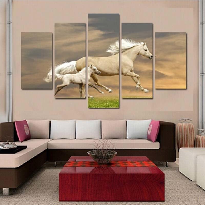 Galloping Horses 5 Piece HD Multi Panel Canvas Wall Art Frame-Original Frame