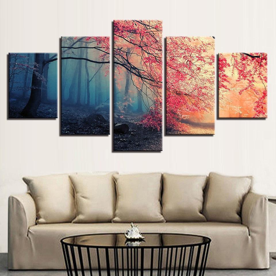 Red Maple Woods 5 Piece HD Multi Panel Canvas Wall Art Frame-Original Frame