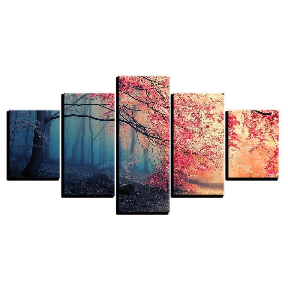 Red Maple Woods 5 Piece HD Multi Panel Canvas Wall Art Frame-Original Frame