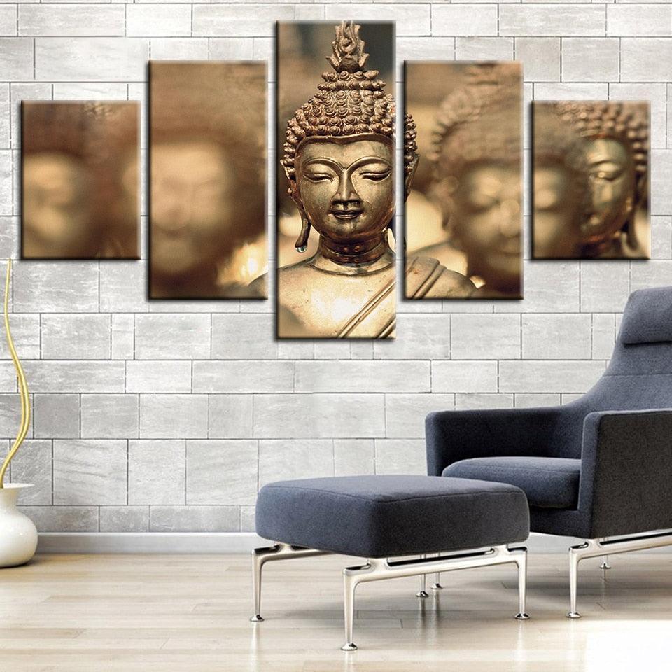 Gold Lord Buddha 5 Piece HD Multi Panel Canvas Wall Art Frame-Original Frame