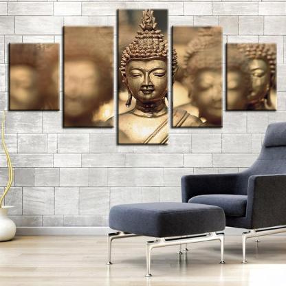 Gold Lord Buddha 5 Piece HD Multi Panel Canvas Wall Art Frame-Original Frame