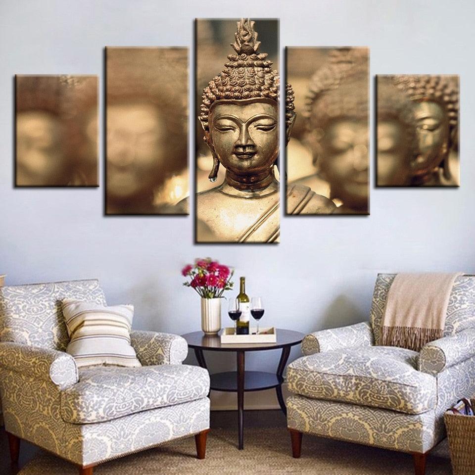 Gold Lord Buddha 5 Piece HD Multi Panel Canvas Wall Art Frame-Original Frame