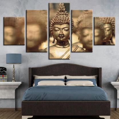 Gold Lord Buddha 5 Piece HD Multi Panel Canvas Wall Art Frame-Original Frame