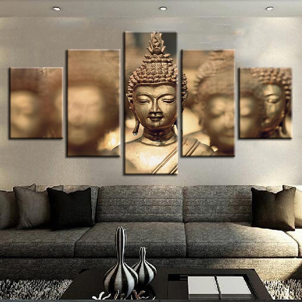 Gold Lord Buddha 5 Piece HD Multi Panel Canvas Wall Art Frame-Original Frame