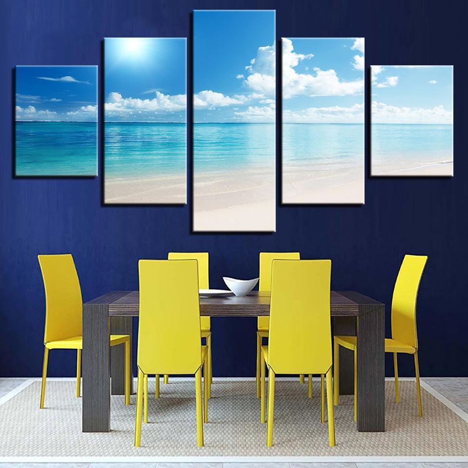 Blue Sky Sunshine Beach 5 Piece HD Multi Panel Canvas Wall Art Frame-Original Frame
