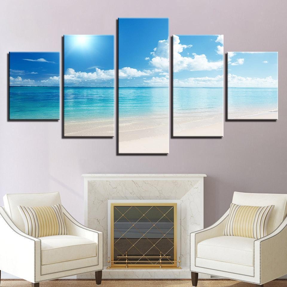 Blue Sky Sunshine Beach 5 Piece HD Multi Panel Canvas Wall Art Frame-Original Frame